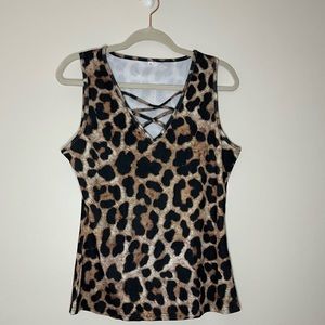 NWT Amazon Tank Top Slim Knit Ribbed Low Cut Bodycon Leopard Animal Print Shirt